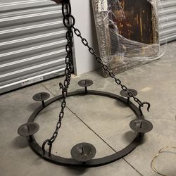 Vintage Brutalist Handmade Wrought Iron Hoop Candle Chandelier