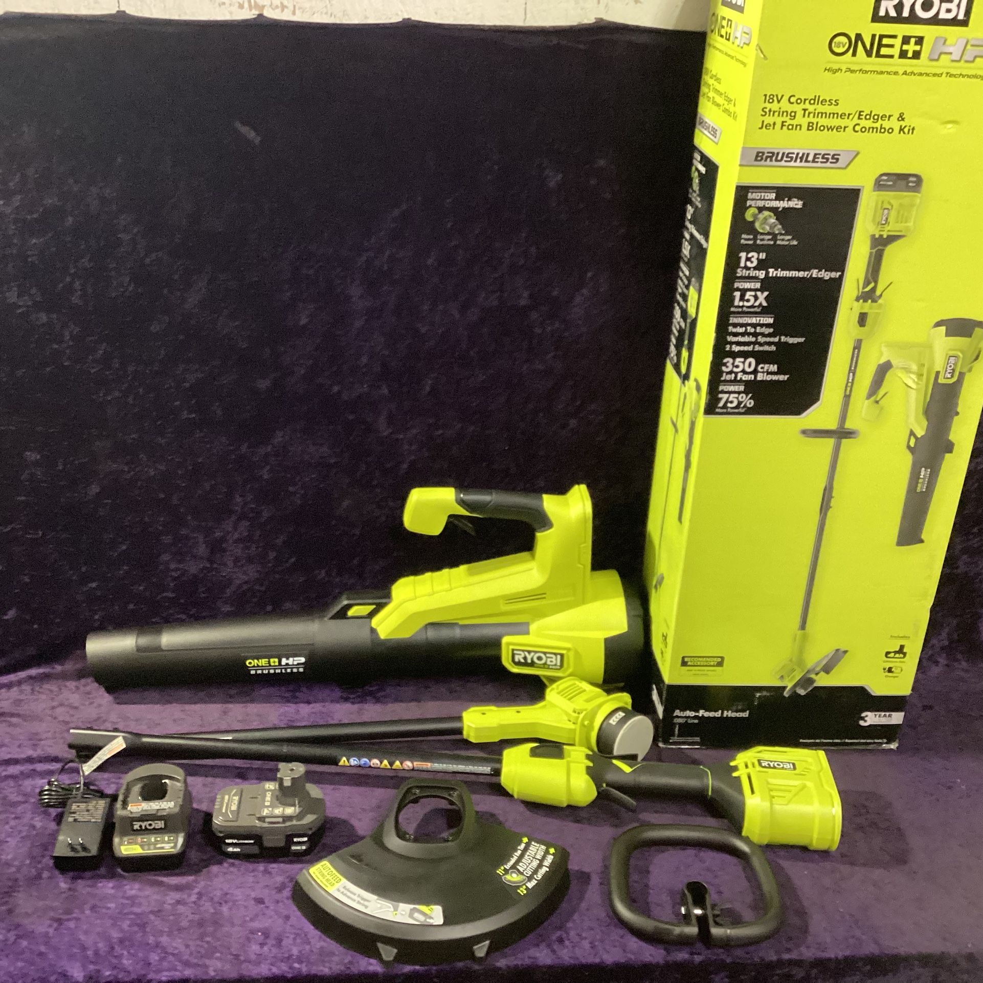 🧰🛠RYOBI ONE+HP 18V Brushless String Trimmer/Leaf Blower Combo w/4.0 Batt&Charger NEW!(Hood Lightly Used)-$160!🧰🛠