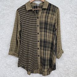 Habitat Shirt Womens Small Brown Plaid Boyfriend Tunic Roll Tab Sleeve Button 