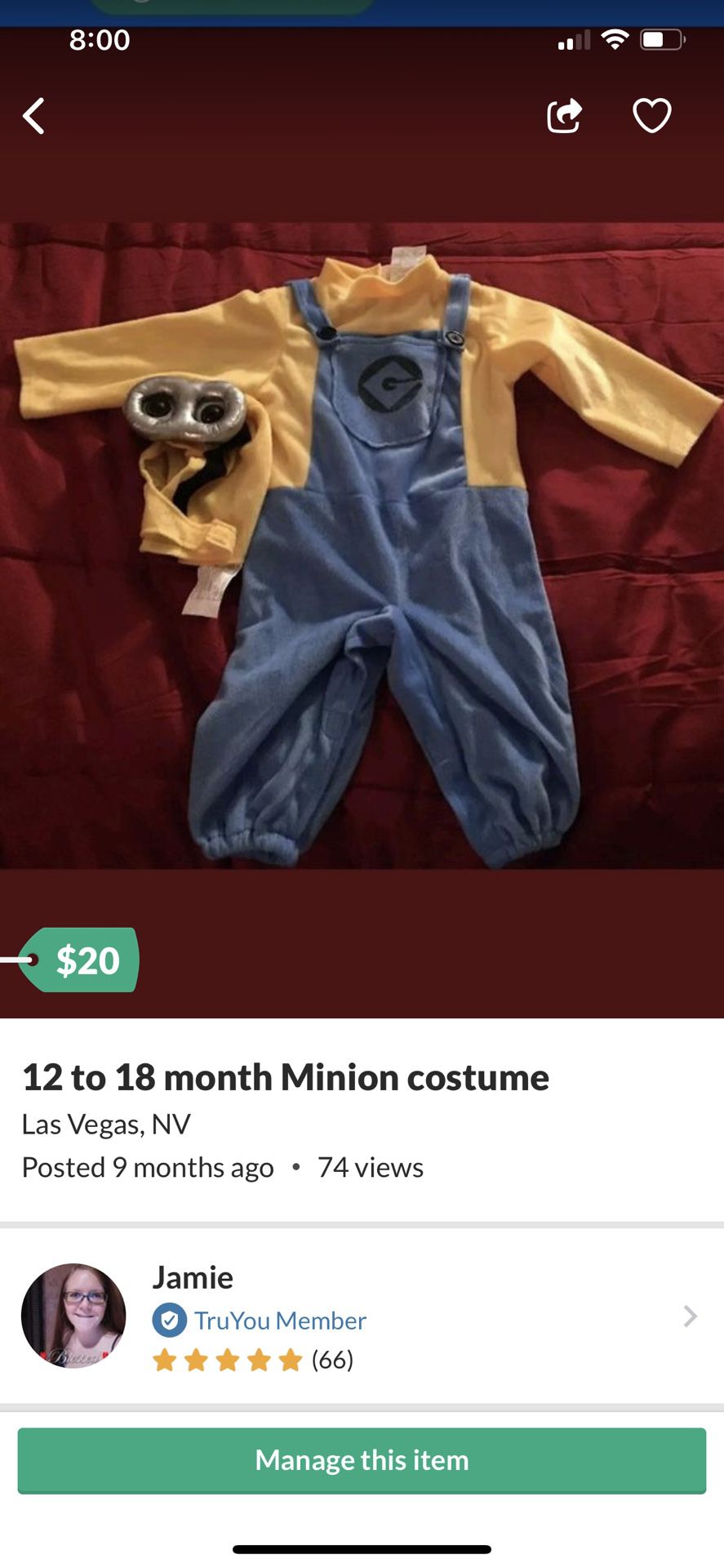 12 to 18 month minion costume