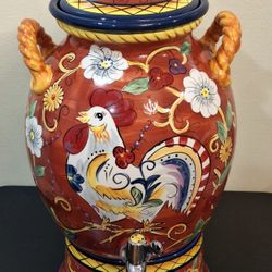RARE HAND-PAINTED FLORENCE ROOSTER BEVERAGE DISPENSER - 22" TALL WITH BASE & LID 