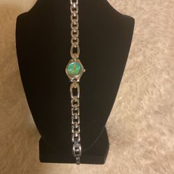 Silver Chain Link Quartz Watch( Green Butterfly )