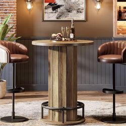 Tribesigns Round Bar Table, 39.4" H Wood Bistro Pub Table with Metal Ring Footrest for Dining Coffee Cocktail Living Room, Small Space, Brown(Only Tab