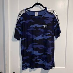 Victoria's Secret PINK Women Blue Black Camouflage campus T-Shirt Dog Logo Metallic size large