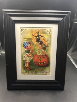New Dazzle Halloween Postcard Witch on Broom Jack I Lantern Pumpkin Framed Border