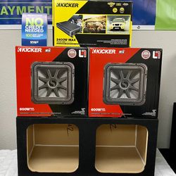 New (2) 12” inch Kicker L7R 1200 Watts Max Subwoofers + Kicker 2400 Watts Max Monoblock Bass Amplifier w/ Speaker Box 🔊🤑