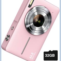 Digital Camera, FHD 1080P Digital Point and Shoot Camera with 16X Zoom Anti Shake, 32GB Card, Compact Small Camera for Boys Girls Kids, Pink