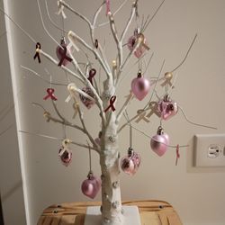 Beautiful Breast Cancer Tree With Lights And Heart Ornaments
