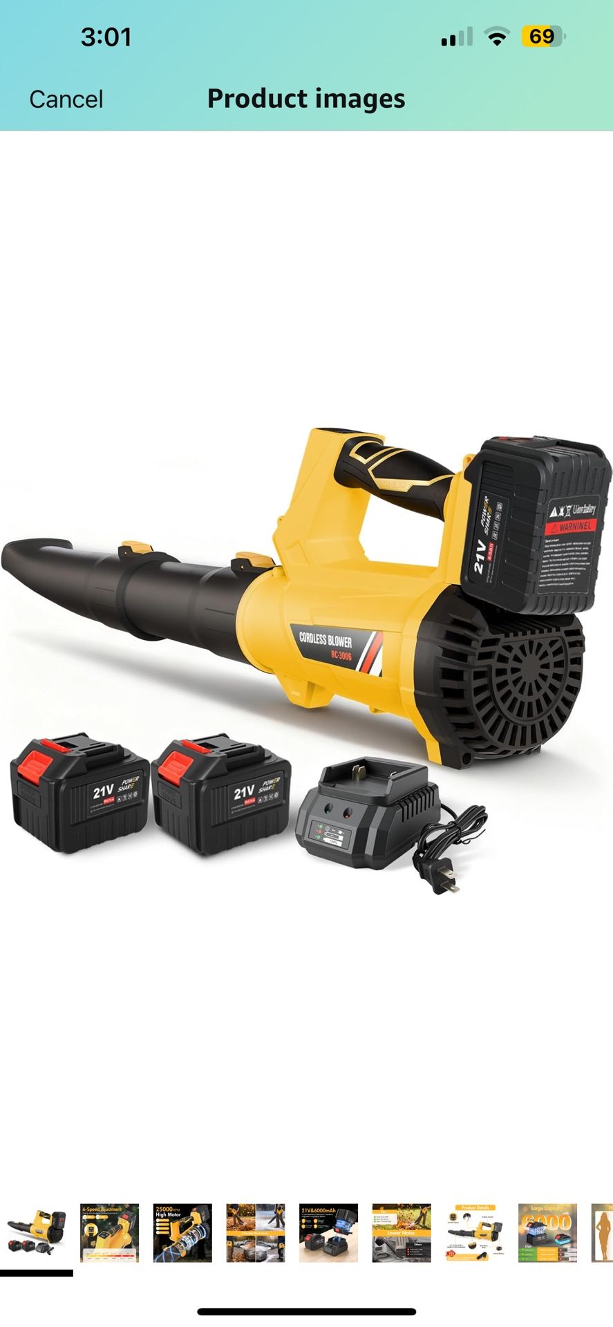 Leaf Blower Cordless, 21V Battery Powered Leaf Blower with 2 x 6.0Ah Batteries and Charger, 6 Speed Levels, 650 CFM 280 MPH Lightweight Leaf Blowers