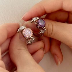 New .925 Sterling Silver Pink Purple Ring With Frog Band Best Friend Gift