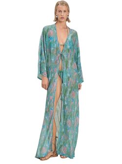 Devon Windsor Blue Green Pink Abstract Mesh Shimmer Maxi Cover Up XS/S