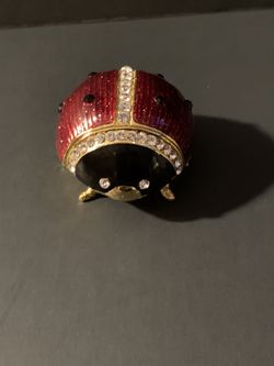 Lady Bug Bejeweled Trinket Enameled Box Mint Condition 1 1/2” w by 2” L