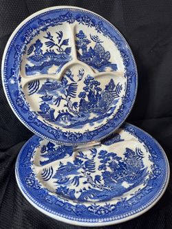 Vintage Moriyama Japan Blue Willow Divided Grill Plates, Set of 2, Pre-War 1930s