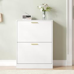 Shoe Cabinet with 2 Flip Drawers, White Shoe Cabinet Storage for Entryway, Modern Shoe Organizer