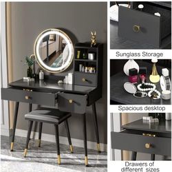 Vanity Table 3-Color Lighted Mirror Makeup Vanity Set with 2 Drawers Dressing Table Cushioned Stool Nightstand Vanity Desk