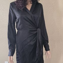 Scoop Black Satin Long-Sleeve Wrap Dress (Size XS 0-2)