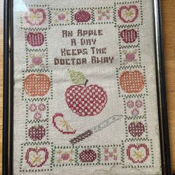 Antique Crosstitch. An Apple  a day keeps the doctor away. Framed