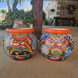 Talavera Orange Rim Sphere Clay Pots. Planters. Plants. Pottery $65 each