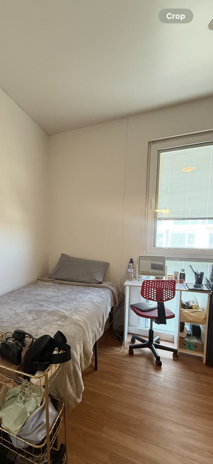 Bed frame, mattress, and desk