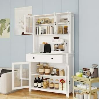 Glass Door Kitchen Pantry Cabinet with Spacious Countertop and Adjustable Shelves, Freestanding Display Cabinet, White，$220