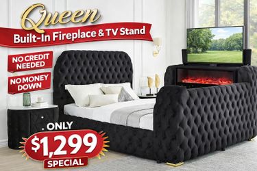 No money down no credit needed black queen bed frame built in tv stand and fireplace