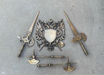 Medieval Brass Miniature Weapons and Crest Set
