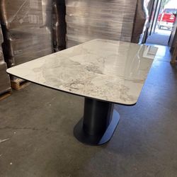 Marble tabletop  63" Dining Table, Kitchen Table for 6-8, Contemporary Design, Steel Pedestal, Rectangle Dining Room Table Matte White (Table Only)