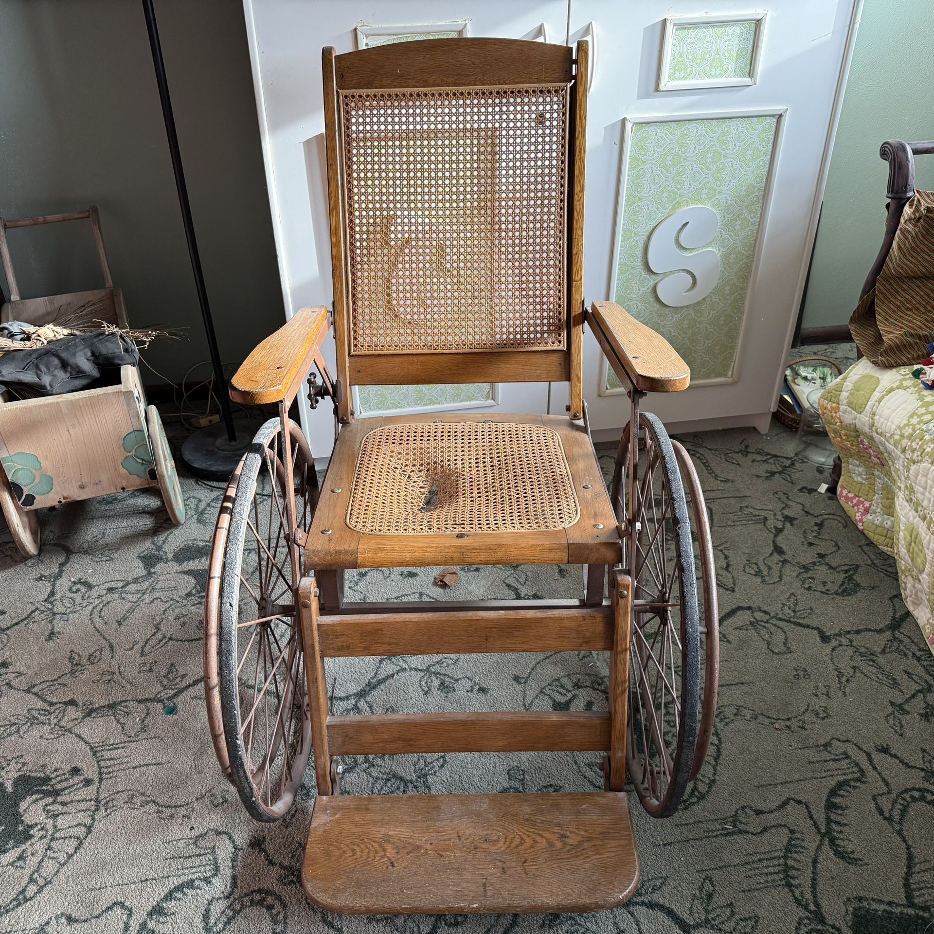 Vintage Antique Gendron Wheel Co. Cane-Back Wooden Wheelchair Model 69062N