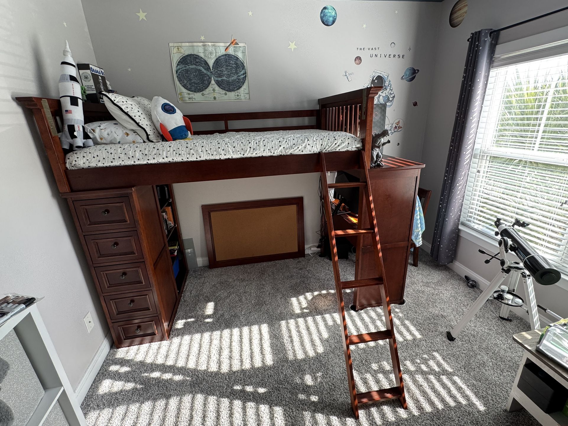 Solid Hardwood Loft Twin Bed – Cherry Finish – Dresser + Desk + Bookshelf + Chair + Mattress + Bedding