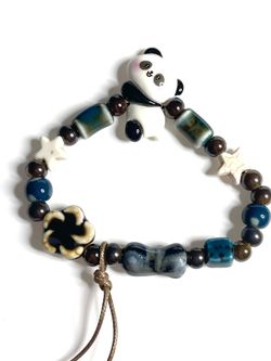 Panda Bear Bracelet Brown Star Blue Boho Ceramic Beaded Elastic Stretchy