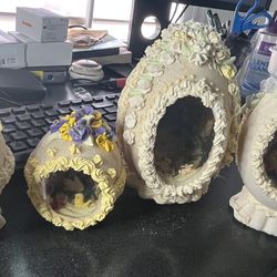 Set of 4 Vintage Victorian Style Easter Egg Dioramas Pedestal Display Rabbits Flowers (2 Large 2 Small)
