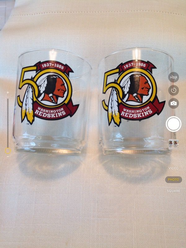 Washington Redskins 50th Anniversary glasses (1937-1986). 4 inches tall,easily holds 8 ounces. Never used. $20 for both.