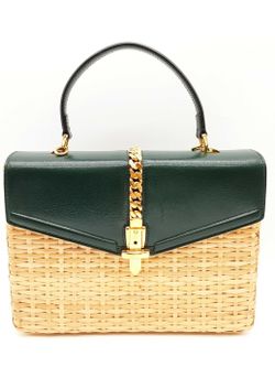 Gucci Sylvie Green Leather Tan Wicker Handbag Do0225exzde