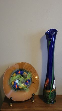 Gorgeous glass art decorations/ tall vase and centerpiece platter.  Signed by artist