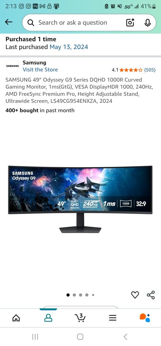 (505)
SAMSUNG 49” Odyssey G9 Series DQHD 1000R Curved Gaming Monitor, 1ms(GtG), VESA DisplayHDR 1000, 240Hz, AMD FreeSync Premium Pro, Height Adjustab