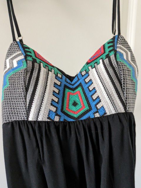 Embroidered Beach Dress / multicolored  Aztec with solid back and skirt Black. Size large