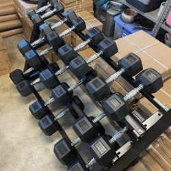 New 5-50 Rubber Hex Dumbbells With Rack