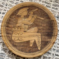 Vintage Folk Art Decorative Wood Carved Plate With Copper Inlay 