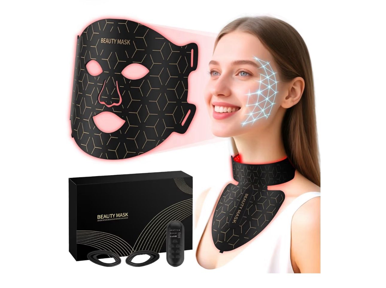 Red Light Therapy for Face & Neck, Red Light Mask with 850nm NIR, 7-1 Colors LED Light Therapy mask, Rechargeable LED Face & Neck Mask for Anti-Aging,