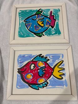 Sally Huss Signed Colorful Fish Art Pair