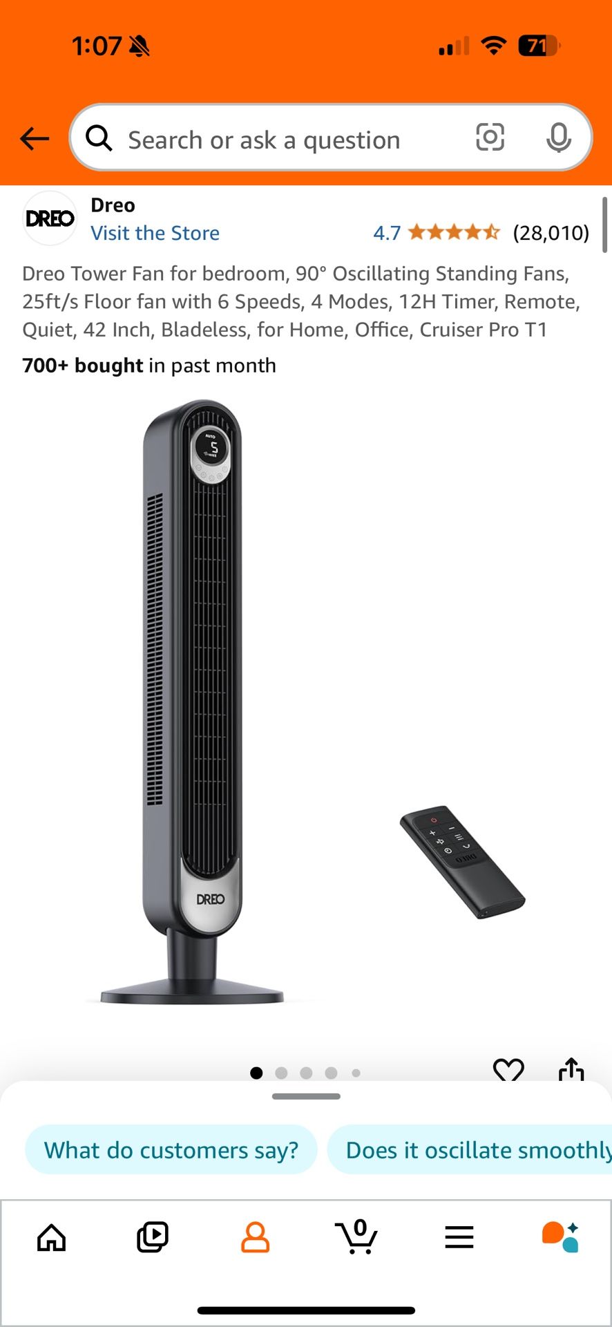 Dreo Tower Fan for bedroom, 90° Oscillating Standing Fans, 25ft/s Floor fan with 6 Speeds, 4 Modes, 12H Timer, Remote, Quiet, 42 Inch, Bladeless, for
