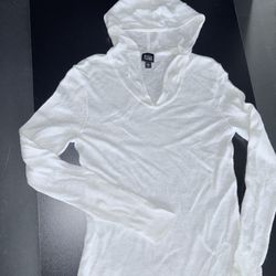 Eileen Fisher white 100% linen hooded top boho natural soft long sleeve small