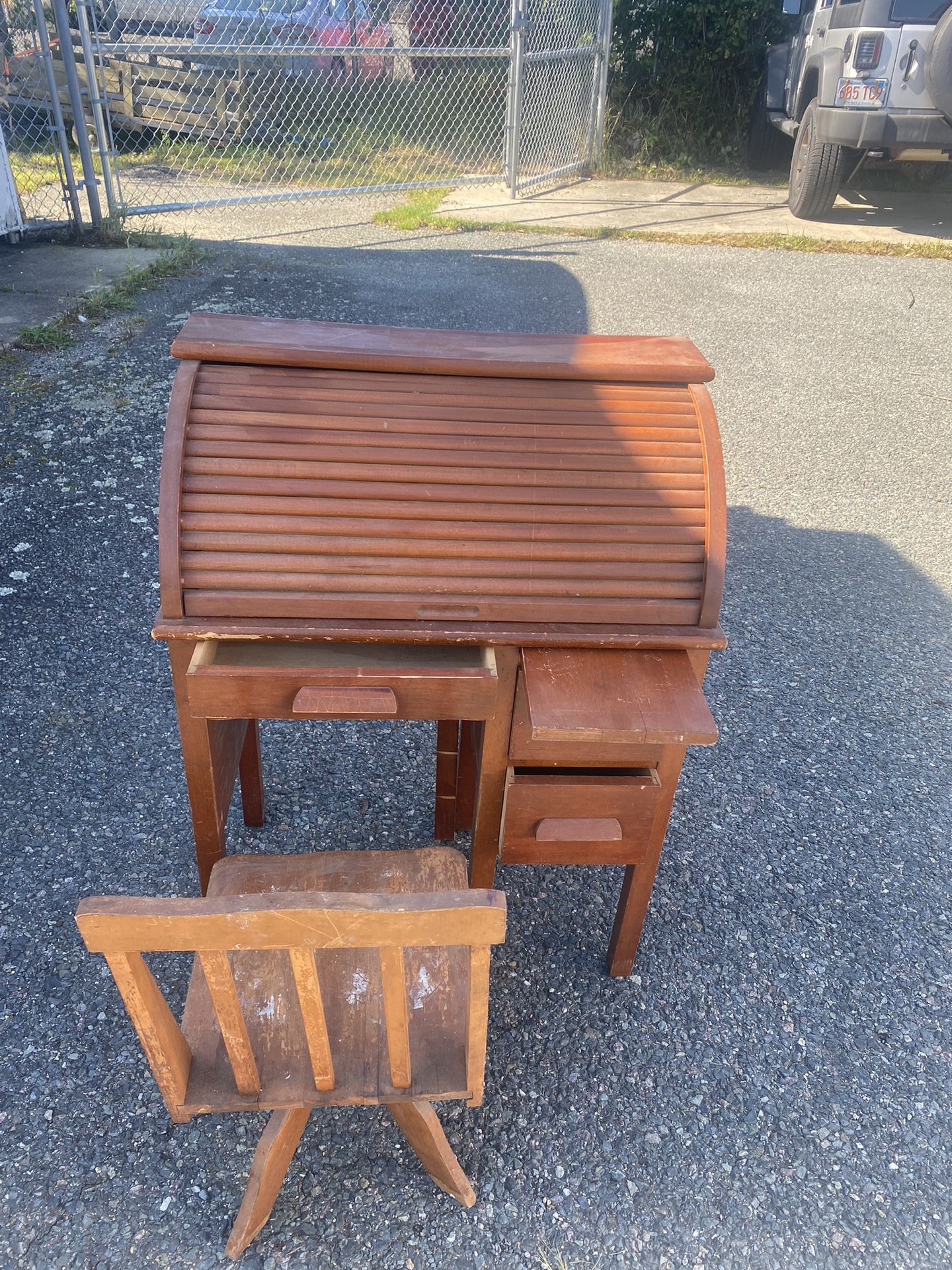 Children’s roll Top vintage desk And Chair