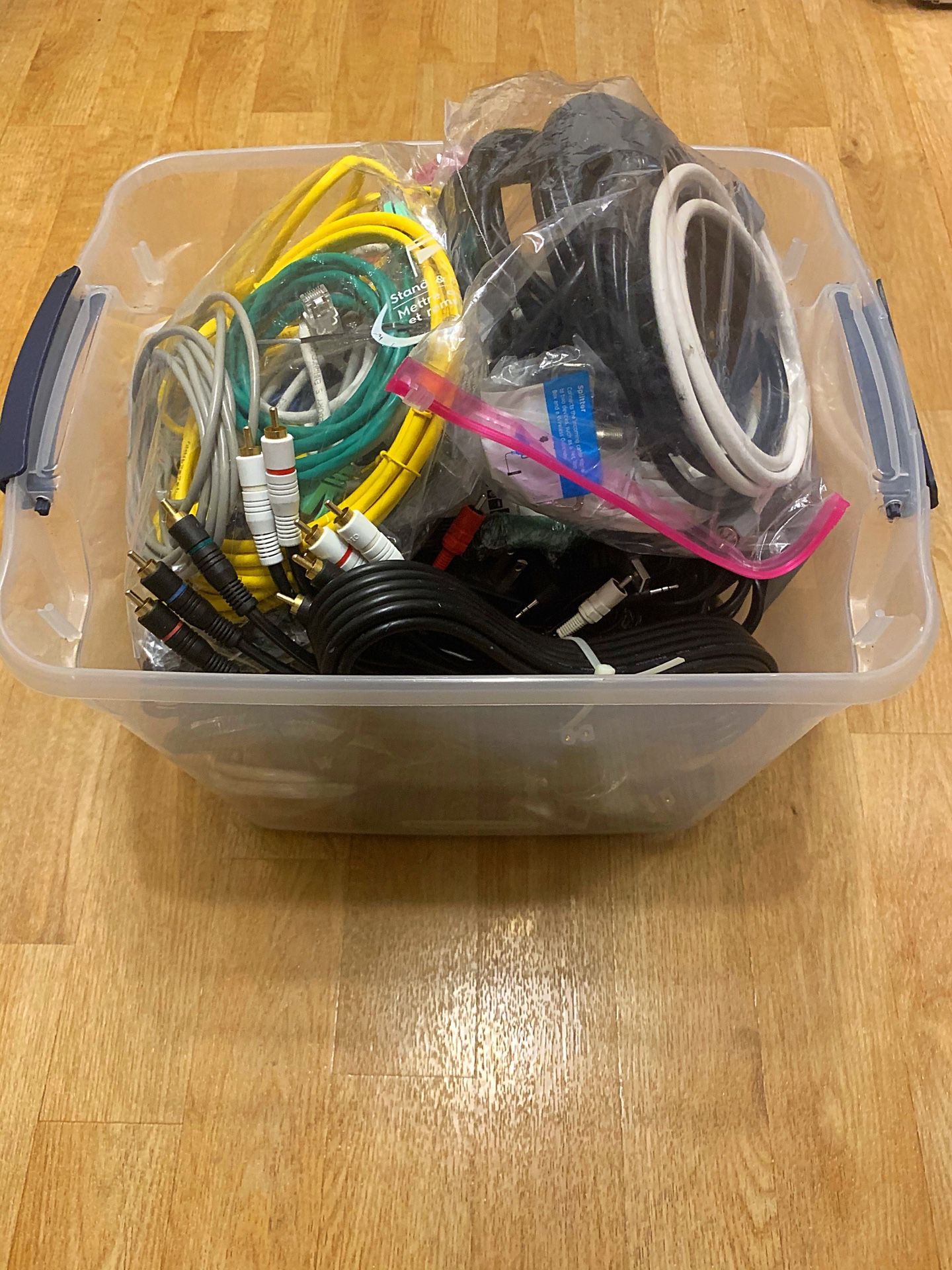 Large Bucket of Misc power cords, cable cords, Audio Cables, Ethernet Cables, computers wires Etc
