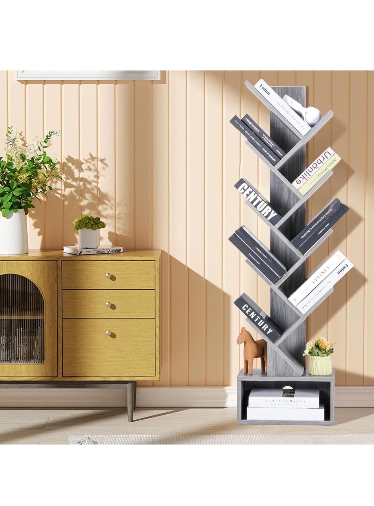 New in box Tree Bookshelf - 8 Shelf Retro Floor Standing Bookcase, Tall Wood Book Storage Rack for CDs/Movies/Books, Utility Book Organizer Shelves fo