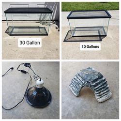 Reptile Aquarium Tank - 30 Gallon , 10 Gallon , Heat Lamp , And Rock -  See Details Below 
