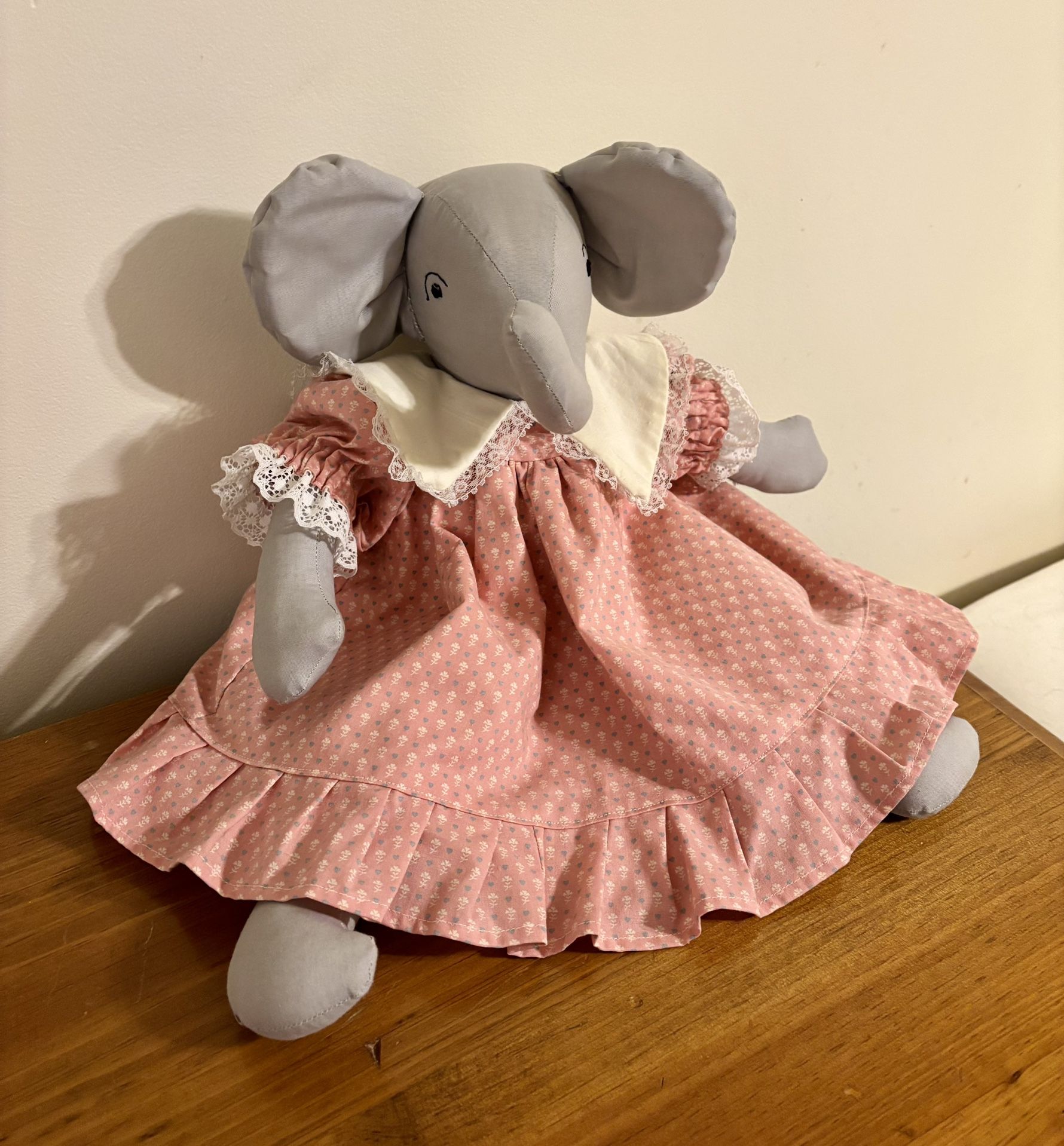 Elephant Doll Pink Floral Dress Purple Hearts White Flowers Lace Vintage 1990s