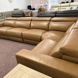Furniture- Butternut 100% Real Top Grain Leather Sectional With 3 Power Recliners- Nevio