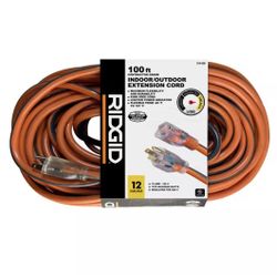 RIDGID 100 ft. 12/3 Heavy Duty Indoor/Outdoor Extension Cord with Lighted End, Orange/Grey