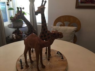 Vintage Leather-wrapped Giraffe And Camel Sculptures